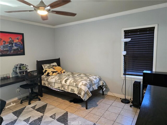 519 N Sloan Ave, Compton, CA 90221 - bedroom with ornamental molding, light tile patterned flooring, baseboards, and ceiling fan