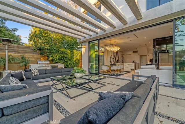 4841 Alonzo Ave, Encino, CA 91316 - view of patio / terrace with an outdoor hangout area, an outdoor kitchen, a grill, a pergola, and fence