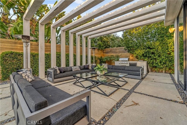 4841 Alonzo Ave, Encino, CA 91316 - view of patio featuring outdoor lounge area, a pergola, fence, and exterior kitchen