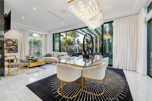 4841 Alonzo Ave, Encino, CA 91316 - dining area featuring marble tiled floors, a chandelier, a raised ceiling, and recessed lighting