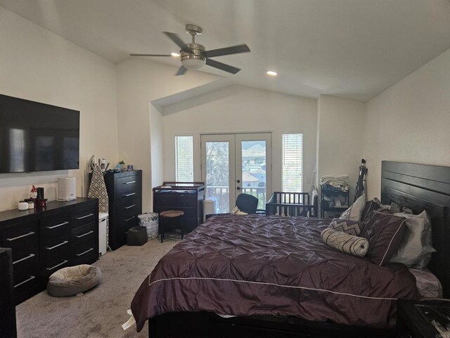 43075 Corte Fresca, Temecula, CA 92592 - bedroom featuring french doors, access to outside, carpet, lofted ceiling, and a ceiling fan