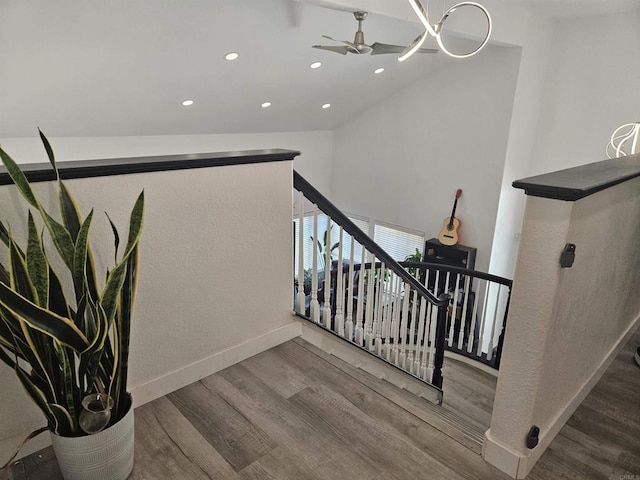 43075 Corte Fresca, Temecula, CA 92592 - stairs featuring wood finished floors, vaulted ceiling, recessed lighting, and a ceiling fan