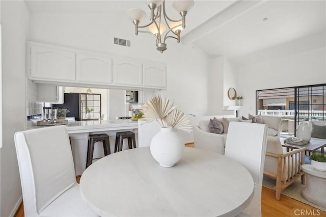 1924 Mathews Ave Unit B, Redondo Beach, CA 90278 - dining area with light wood-style flooring, a chandelier, beam ceiling, and high vaulted ceiling
