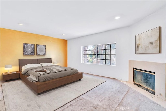 14807 Otsego St, Sherman Oaks, CA 91403 - bedroom with recessed lighting, a fireplace with flush hearth, and carpet floors