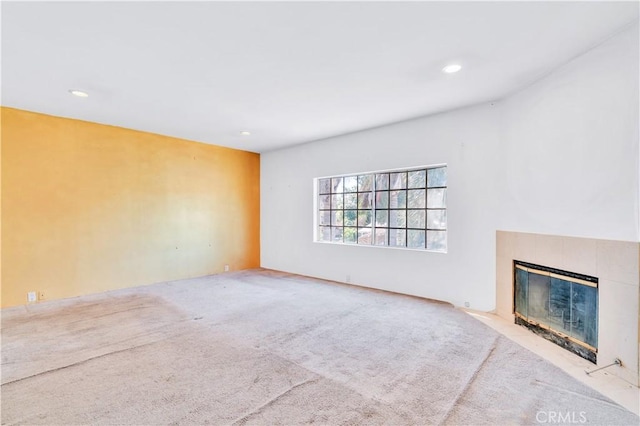 14807 Otsego St, Sherman Oaks, CA 91403 - unfurnished living room featuring carpet, a fireplace with flush hearth, and recessed lighting