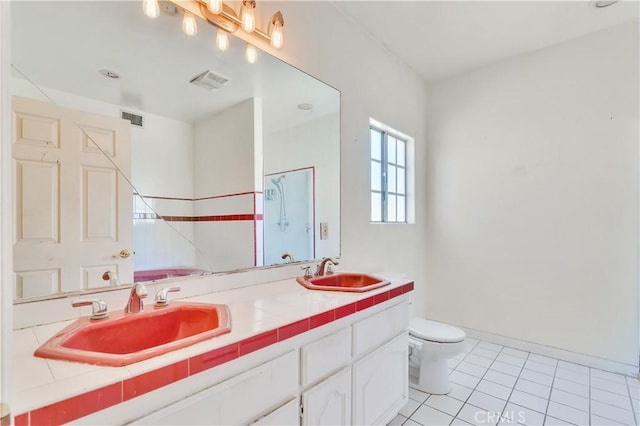 14807 Otsego St, Sherman Oaks, CA 91403 - bathroom with tile patterned flooring, toilet, double vanity, and a shower