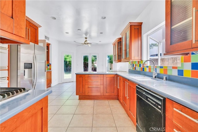 14807 Otsego St, Sherman Oaks, CA 91403 - kitchen with black dishwasher, stainless steel refrigerator with ice dispenser, a sink, a peninsula, and a ceiling fan