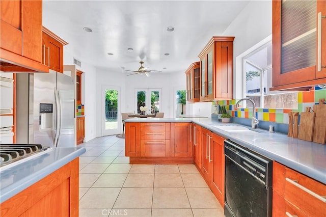 14807 Otsego St, Sherman Oaks, CA 91403 - kitchen with dishwasher, stainless steel fridge, a peninsula, a sink, and a ceiling fan