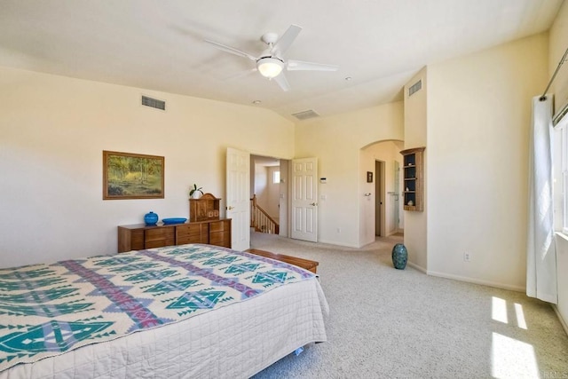 1752 Russet Leaf Ct, El Cajon, CA 92019 - bedroom with arched walkways, lofted ceiling, light colored carpet, ceiling fan, and baseboards