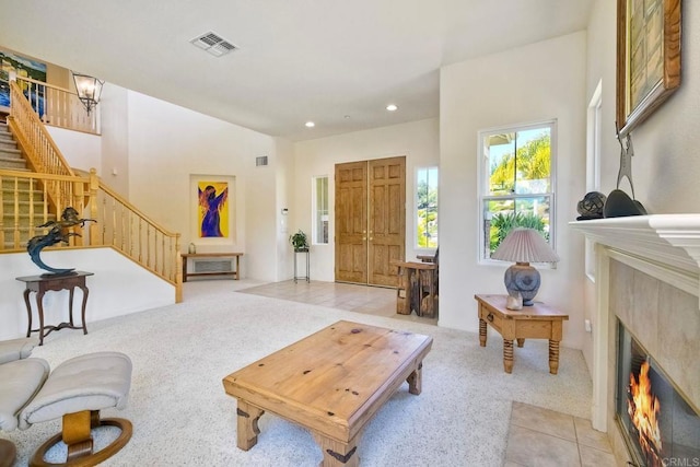 1752 Russet Leaf Ct, El Cajon, CA 92019 - living room with stairway, light carpet, recessed lighting, and a fireplace