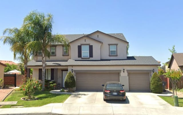 traditional-style home featuring stucco siding, an attached garage, and driveway