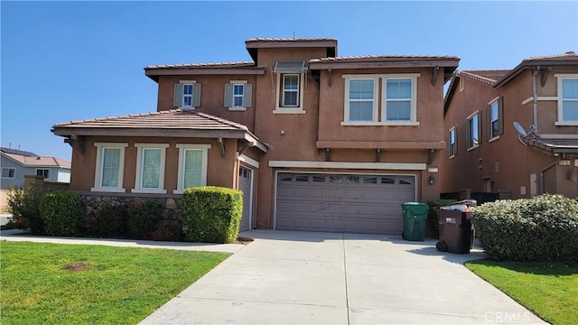 29746 Maxmillian Ave, Murrieta, CA 92563 - view of front of home featuring an attached garage, driveway, stucco siding, a front yard, and a tile roof