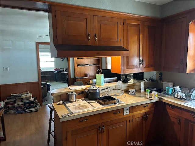 7423 Indiana Ave, Riverside, CA 92504 - kitchen with light countertops, a wainscoted wall, wood finished floors, brown cabinetry, and stovetop