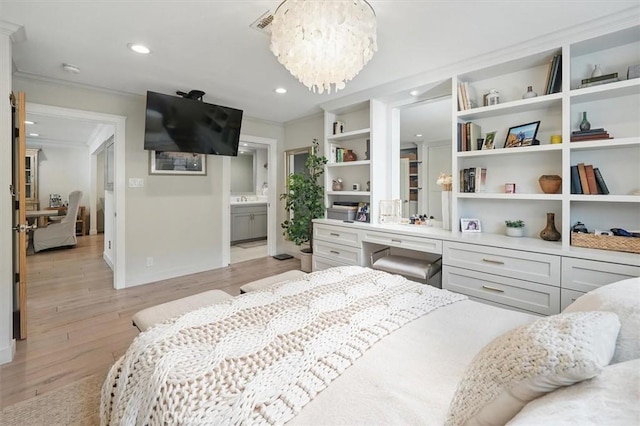 850 N Naomi St, Burbank, CA 91505 - bedroom with ornamental molding, light wood-type flooring, recessed lighting, a chandelier, and ensuite bathroom