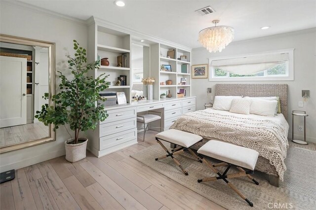 850 N Naomi St, Burbank, CA 91505 - bedroom with crown molding, a desk, a chandelier, light wood-style floors, and recessed lighting