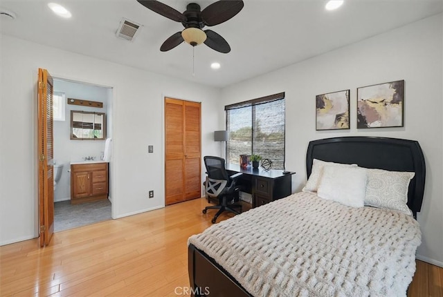 850 N Naomi St, Burbank, CA 91505 - bedroom with light wood-style flooring, recessed lighting, a closet, ensuite bath, and ceiling fan