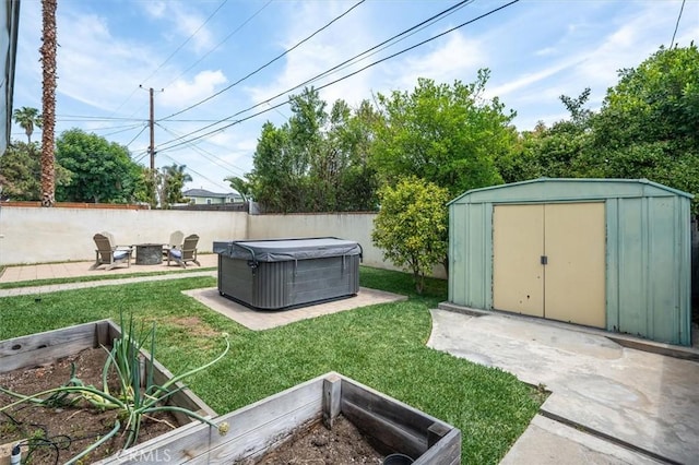 850 N Naomi St, Burbank, CA 91505 - view of yard with a shed, a fire pit, a patio, and a hot tub