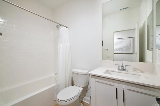 bathroom with toilet, shower / bath combination with curtain, and vanity