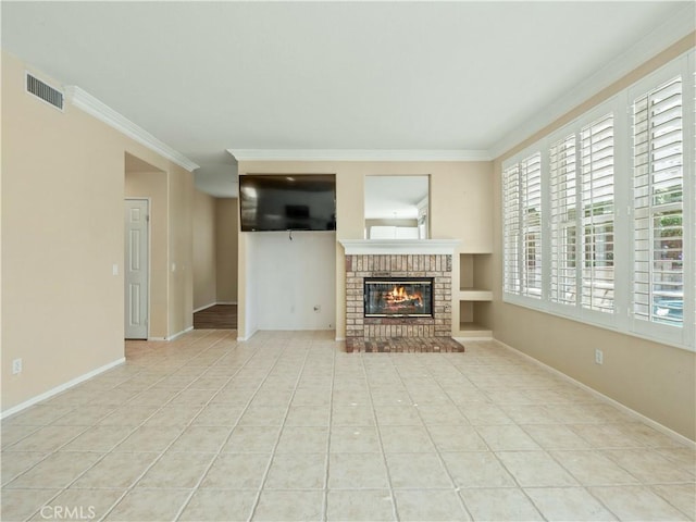 30375 June Rose Ct, Castaic, CA 91384 - unfurnished living room featuring tile patterned floors, a brick fireplace, crown molding, and baseboards