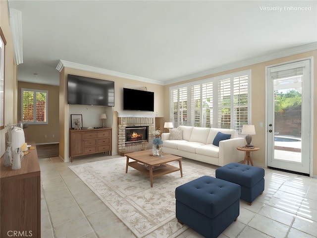30375 June Rose Ct, Castaic, CA 91384 - living area featuring a fireplace, crown molding, baseboards, and light tile patterned floors