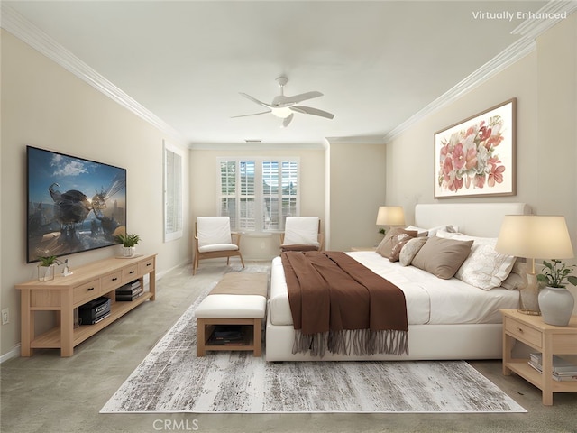 30375 June Rose Ct, Castaic, CA 91384 - carpeted bedroom featuring ornamental molding, baseboards, and ceiling fan