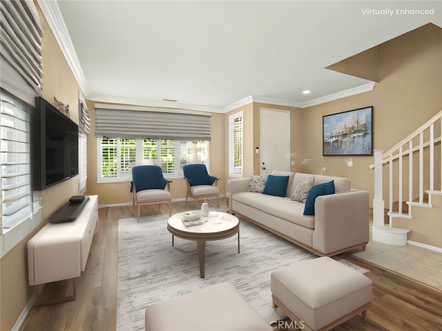 30375 June Rose Ct, Castaic, CA 91384 - living area featuring crown molding, wood finished floors, baseboards, stairway, and recessed lighting