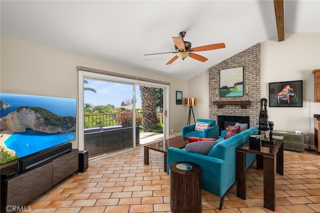 living room with ceiling fan, a fireplace, and light tile patterned floors