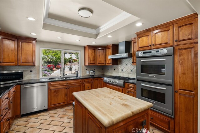 kitchen with appliances with stainless steel finishes, a sink, wall chimney exhaust hood, a tray ceiling, and ornamental molding