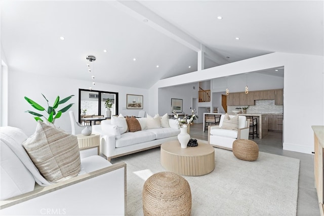 29951 Morongo Pl, Laguna Niguel, CA 92677 - living area featuring beamed ceiling, recessed lighting, and high vaulted ceiling