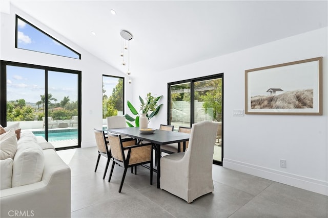 29951 Morongo Pl, Laguna Niguel, CA 92677 - dining space with baseboards, high vaulted ceiling, and recessed lighting