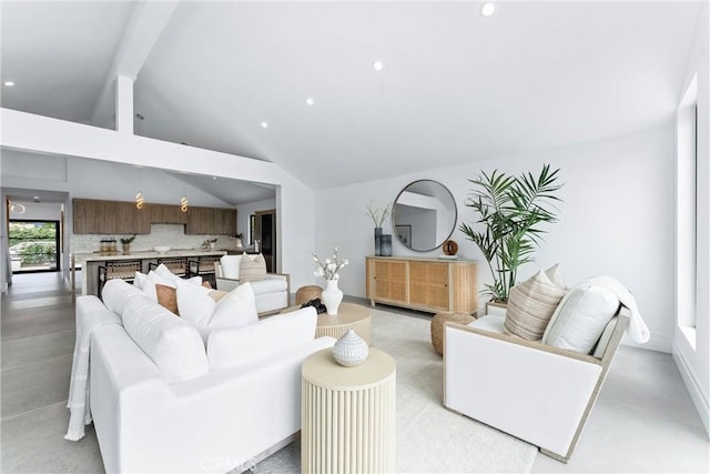 29951 Morongo Pl, Laguna Niguel, CA 92677 - living area with beamed ceiling, recessed lighting, baseboards, and high vaulted ceiling