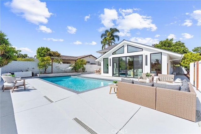 29951 Morongo Pl, Laguna Niguel, CA 92677 - view of swimming pool featuring a patio area, an outdoor structure, a fenced backyard, an outdoor hangout area, and an exterior structure