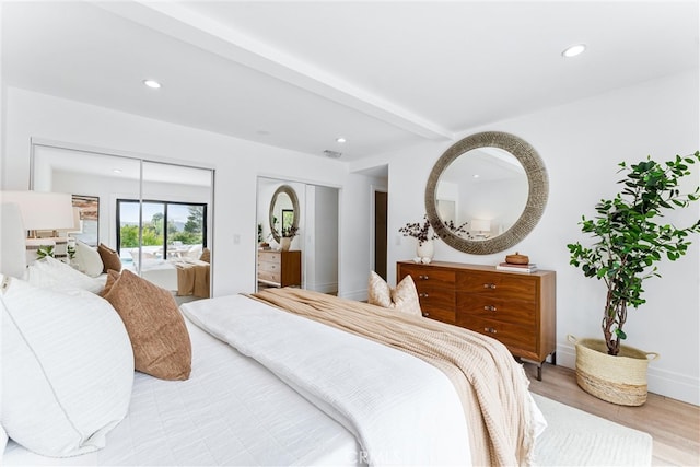 29951 Morongo Pl, Laguna Niguel, CA 92677 - bedroom featuring recessed lighting, wood finished floors, beamed ceiling, access to exterior, and baseboards