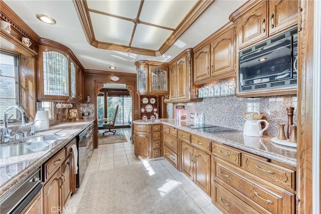 kitchen with black appliances, backsplash, crown molding, glass insert cabinets, and light tile patterned floors