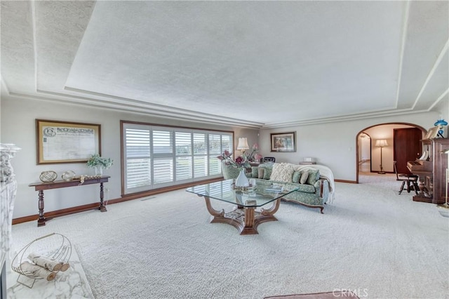 carpeted living area featuring a raised ceiling, arched walkways, baseboards, and a textured ceiling