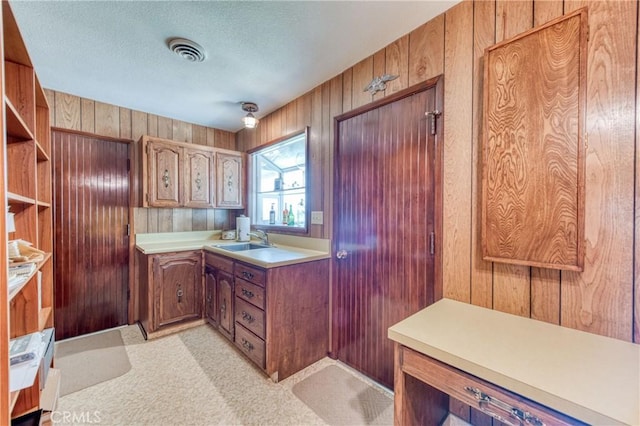 kitchen with a sink, wood walls, light countertops, light carpet, and a textured ceiling