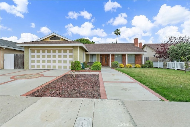 20672 Chaucer Ln, Huntington Beach, CA 92646 - ranch-style house featuring concrete driveway, a garage, a chimney, and stucco siding