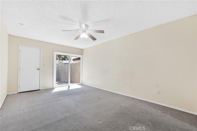 unfurnished bedroom featuring access to outside, carpet flooring, a textured ceiling, ceiling fan, and baseboards