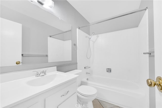 bathroom with shower / bathtub combination, toilet, vanity, and tile patterned flooring