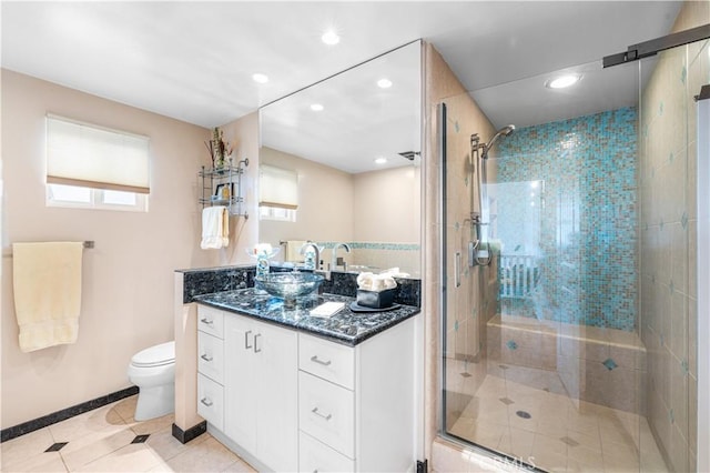 full bath with tile patterned flooring, toilet, a stall shower, baseboards, and vanity
