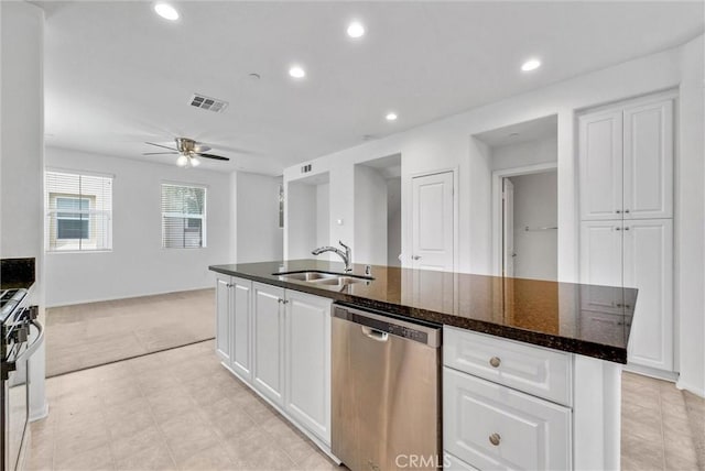 147 Royal Way, Upland, CA 91786 - kitchen featuring stainless steel appliances, a sink, a ceiling fan, white cabinets, and recessed lighting