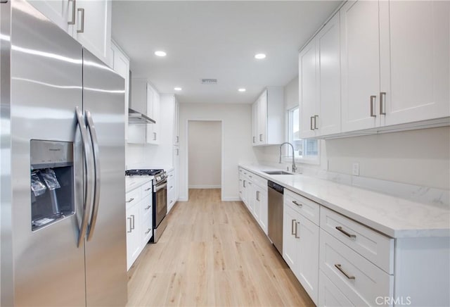 14704 Germain St, Mission Hills San Fernando, CA 91345 - kitchen featuring stainless steel appliances, a sink, light wood-style flooring, white cabinets, and recessed lighting