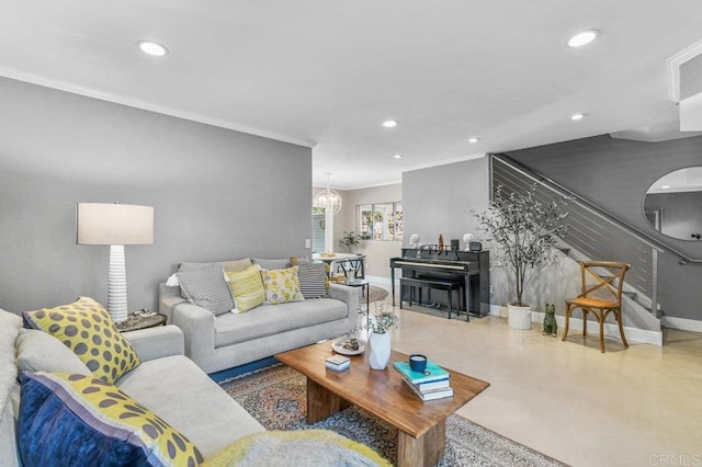 living area with baseboards, recessed lighting, a chandelier, crown molding, and finished concrete flooring