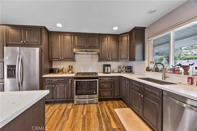 340 Terry Way, La Habra, CA 90631 - kitchen featuring appliances with stainless steel finishes, a sink, under cabinet range hood, dark brown cabinetry, and dark wood-style flooring