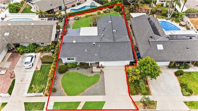 340 Terry Way, La Habra, CA 90631 - aerial view of residential area featuring a pool and property parcel outlined