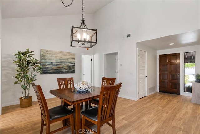 1233 N Diamond Bar Blvd, Diamond Bar, CA 91765 - dining room with high vaulted ceiling, baseboards, light wood finished floors, and a chandelier