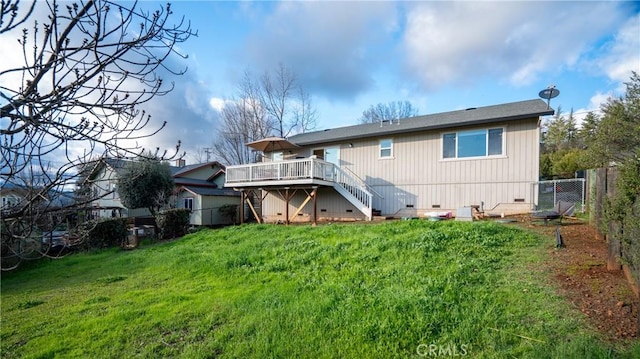 18863 Stonegate Rd, Hidden Valley Lake, CA 95467 - rear view of house featuring stairs, a wooden deck, and crawl space