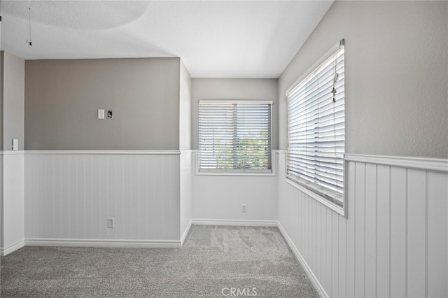 unfurnished room featuring wainscoting and carpet floors