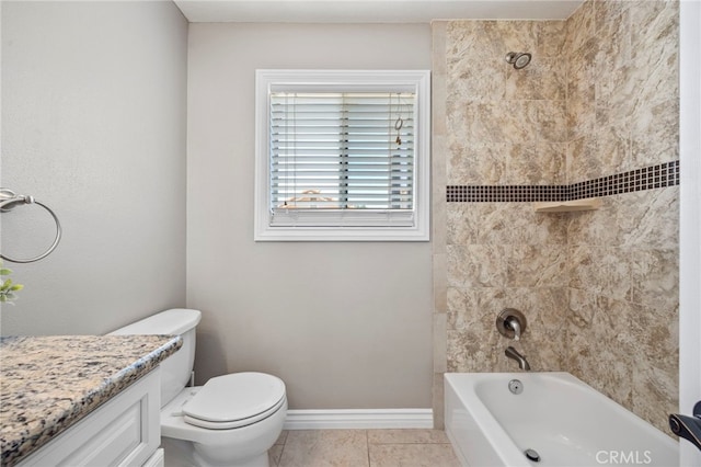 full bathroom featuring toilet, tile patterned flooring, baseboards, bathing tub / shower combination, and vanity