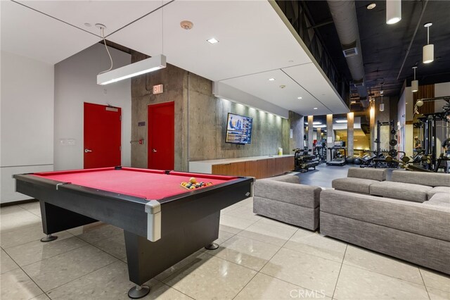 game room featuring pool table, tile patterned floors, and recessed lighting